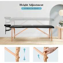 24" Wide 2 Fold Portable Lash Massage Bed, Height Adjustable Wooden Spa Tattoo Facial Table With Face Cradle & Carry Bag, Heavy Duty Salon Equipment Holds 496 Lbs, Black - Black - View 4