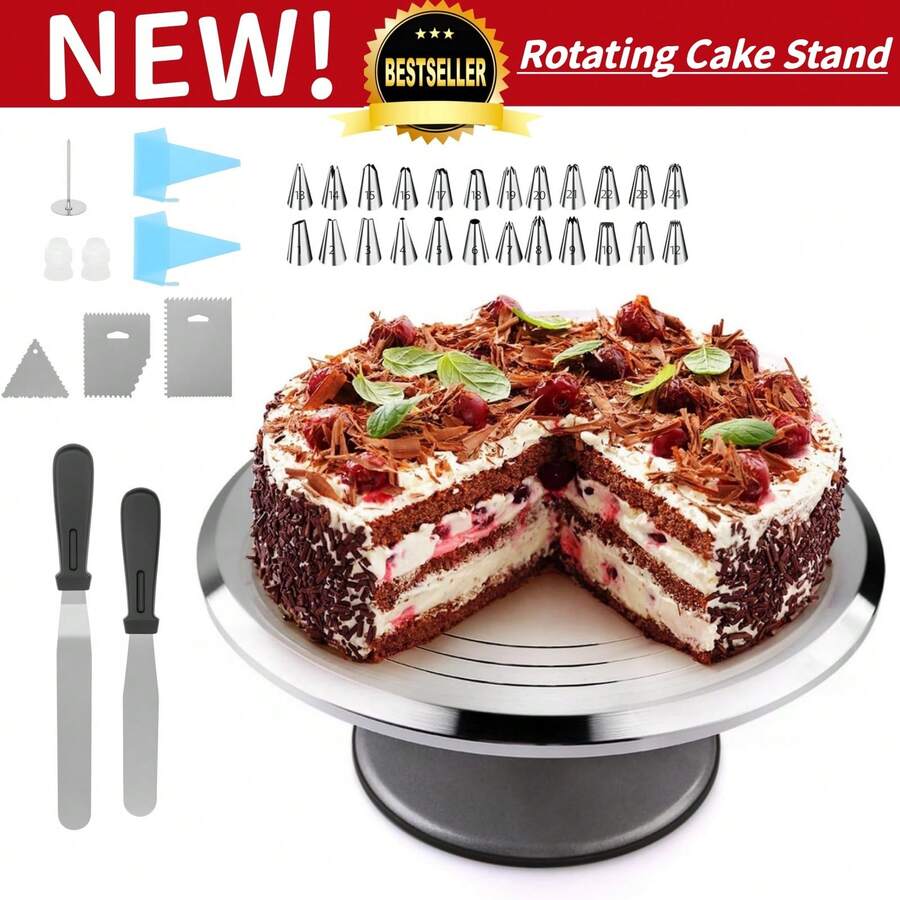 Aluminum Alloy Cake Turntable, 12-Inch Rotating Stand For Baking, Pastries And Cupcakes, 35-Piece Accessory Set, 30 Cm Diameter, Including 3 Dough Scrapers, Piping Bag And Piping Nozzle Set - View 1