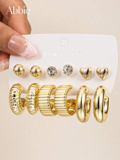 6 Pairs French Style Smooth Round Bead Wide C-Shaped Heart Earrings Set, Fashionable Minimalist Earring Combination For Women, Suitable For Daily Commute, Holiday Gift