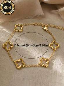 Znice Fashion Stainless Steel + Copper 18K Gold Plated Women's Floral Rhinestone Bracelet With Luxury Four-Leaf Clover Bracelet Set, Suitable For Women's Daily Wear, Holiday Gift, Fashion Women's Bracelet Set - Gold - View 9