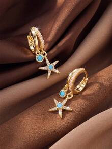 1 Pair Fresh Blue Turquoise Full Rhinestone Starfish Double Pendant Thin Hoop Earrings Suitable For Women Beach Vacation Wear - Starfish - View 6