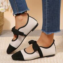 Bow Velvet Fashion Women's Shoes Spring French Vintage Colorblock Shallow Low Heel Square Toe Pumps - Black + Beige - View 3