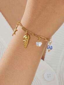 1pc Fashion Ocean Beach Style Gold-Plated Starfish Shell Pendant Stainless Steel Cross Chain Bracelet - Multicolor - View 2