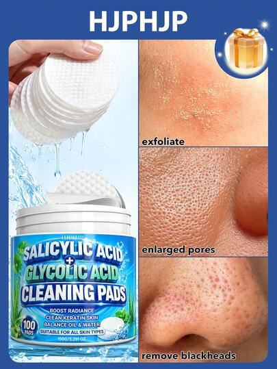 HJPHJP Pads Pembersih Eksfoliasi Wajah dengan Asam Salisilat dan Asam Glikolat, Membersihkan Pori-Pori Secara Mendalam, Mengangkat Sel Kulit Mati dan Komedo, Mengontrol Minyak, Membersihkan dengan Lembut, Cocok untuk Semua Jenis Kulit, Perawatan Kulit Harian, 100 Buah