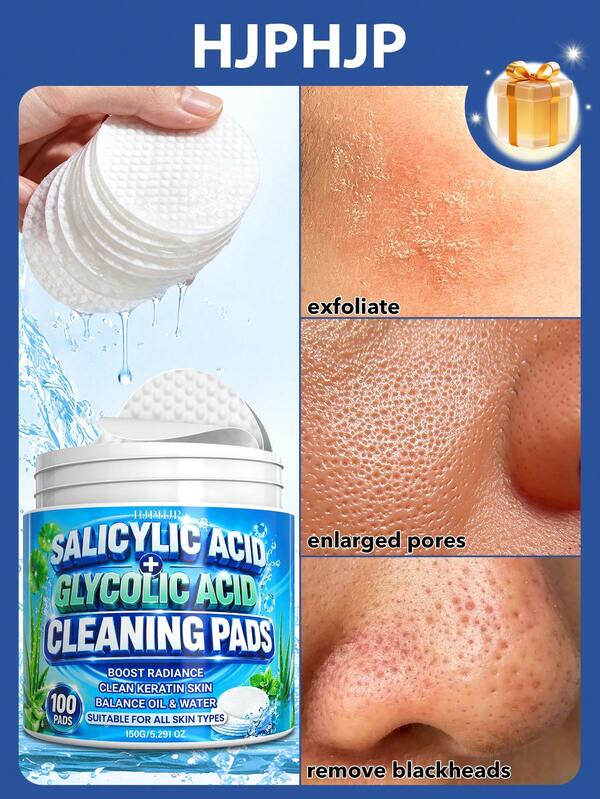 HJPHJP Facial Exfoliating Cleansing Pads With Salicylic Acid And Glycolic Acid, Deep Cleansing Pores, Removing Dead Skin And Blackheads, Oil Control, Gentle Cleansing, Suitable For All Skin Types, Daily Skincare, 100 Pieces