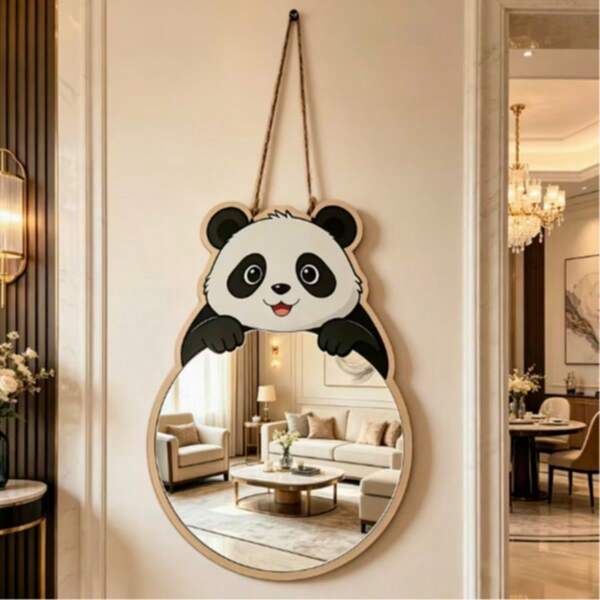 Cermin Dinding Panda Kayu WECRAFT - Bingkai dan Cermin Akrilik Anti Pecah, Cocok untuk Cermin Rias Kamar Mandi Gantung Vertikal (Dengan Desain Panda), Hadiah Pindah Rumah untuk Kamar Tidur, Dekorasi Ruang Tamu