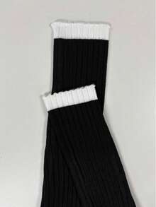 Fashionable Women's Ribbed Knit Dress, Black Mini Length, Decorated With White Ruffle Trim, Medium Stretch Long Sleeve, Suitable For Autumn/Winter Wear. - Black - View 5