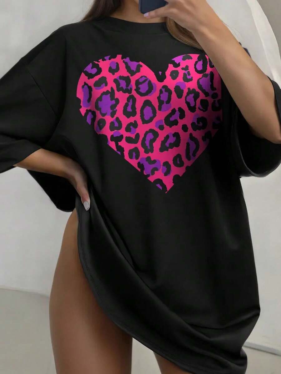 1 Pc Women's Vintage Oversized Black Soft Cotton T-Shirt With Leopard Heart Print, Casual Urban Style, Summer Top - Black 1 - View 1