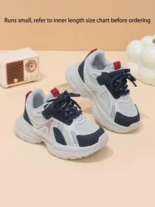 Sepatu Sneakers Chunky Anak-Anak Warna Abu-abu Muda, Biru Tua, dan Merah dengan Desain Blok Warna dan Perekat, Sepatu Anak-Anak Minimalis Cocok untuk Perjalanan Sepanjang Musim dan Pemakaian Sehari-hari - Navy Blue - View 2