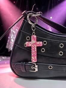 1pc Sweet Cool Party Style Shiny Element Bag Charm, Rhinestone Cross Bag Pendant Keychain Decoration - Pink - View 2