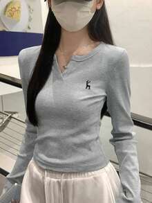 Atasan Dalaman Kaos Lengan Panjang Bordir Pas Badan dengan Kerah Setengah Terbuka untuk Awal Musim Semi - Grey - View 2