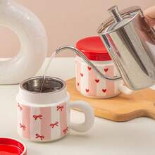 1pc 340ml/11.5oz Fashionable Pink Vertical Striped Ceramic Tea Cup With Lid And Filter, Cute Princess Style Red Heart Bow Print Porcelain Tea Infuser Mug, Suitable For Loose Leaf Tea, Coffee, Milk, Sweet Romantic Anniversary Birthday Gift Cup - Multicolor - View 9