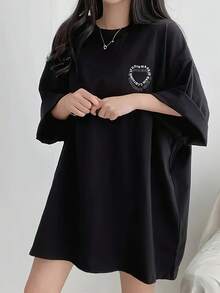 Mid Length Oversized Black Casual T-Shirt For Ladies Round Neck Short Sleeve All-Match Spring Summer Top Fast Local Delivery - 黑色 - 查看 1