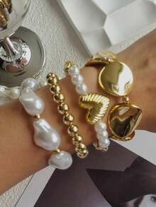 4pcs Vintage Elegant CCB Women's Round Disc Heart Pearl Bracelets, Suitable For Daily Commute, Party, Date And Vacation Wear, Gift For Women - Gold - View 4