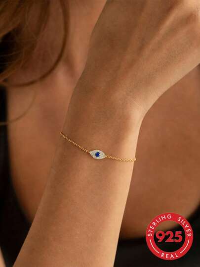 1pc S925 Sterling Silver Luxury Palace Style Evil Eye Bracelet, Personalized Niche Exquisite Fashion Elegant Elegant High-End Rhinestone Hand Jewelry, Suitable For Women's Daily Wear, Party, Versatile Unique, Fits Any Holiday, Exquisite Gift