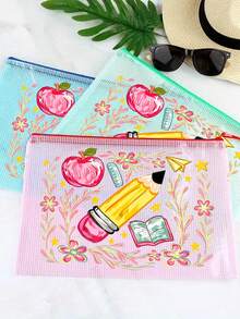 Mesh Zipper Makeup Bag,Apple Pencil Book Print,Back To School Mesh Storage Bag,Portable Zipper Stationery Pouch,Large Capacity Cosmetic Bag,Transparent Pen Bag,School Supplies Storage,For School Office Travel,Gifts For Teachers And Students - Multicolor - View 3