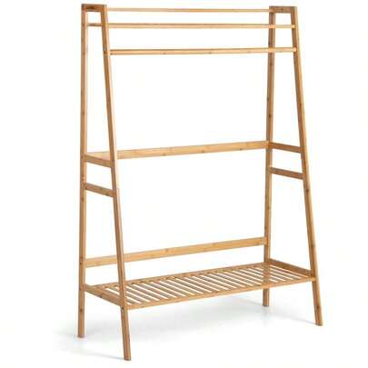 [Envío Gratis] Perchero de Bambú con Estantes de Almacenamiento, Perchero Natural para Dormitorio Entrada Armario Lavandería, Armario Abierto para Colgar Abrigos Ropa Zapatos y Bolsos-XY348958