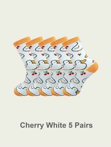 1/5/10 Pairs Women Novelty Cherry Duck Pattern Crew Socks,Soft Breathable Cute Cartoon Graphic Mid-Calf Socks,For Daily Wear&Home Outfit Matching - Multicolor - View 9