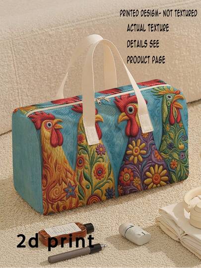 1pc Corduroy Luggage Bag, Chick Pattern Printed Large Capacity Beach Bag, Crossbody Bag, Tote Bag, Travel Bag, Gym Bag, Portable, Lightweight, Fashionable, Home Use, Lightweight Beige Large Capacity Tote Bag Suitable For Boys And Girls Teenagers Ideal Gift