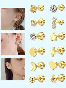 2pcs Elegant Studs Earring For Women Fashion Butterfly Moon Ear Stud Cubic Zirconia 20G Studs Earring Jewelry - Gold - View 1