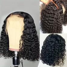 Peluca de Onda Profunda 13x4 con Encaje Frontal 13x4, Cabello Humano Remy Brasileño Premium, Bob Corto de Onda Profunda con Frente Transparente HD 13x4 y Línea del Cabello Pre-Depilada | Se Adapta a Todos los Tonos de Piel | Densidad del 150% Adecuada para Uso Diario, Fiestas, Peluca de Boda, Pelucas de Cabello Humano Real - Natural Black - Ver 4