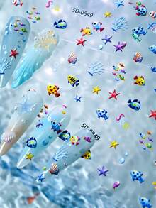 2Pcs 5D Aquarium Ocean Fish Nail Stickers, Colorful Tropical Fish Starfish Coral Bubble Underwater Sea Self-Adhesive Nail Decals, Kawaii Manicure Decoration For Summer Beach Salon Nail Art - Multicolor - View 6
