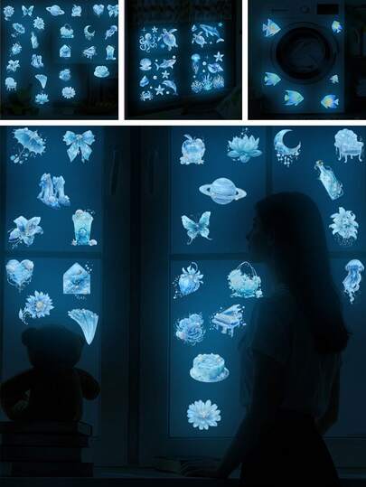 2 piezas/1 pieza Pegatinas de pared de hielo azul luminosas, estampado de mariposa, luna y flores que brillan en la oscuridad, decoración de ensueño para dormitorio infantil, guardería, adorno interior