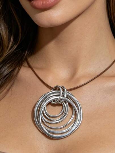 1 pieza Collar de cadena larga con colgante circular plano asimétrico de 7 capas, estilo minimalista de moda
