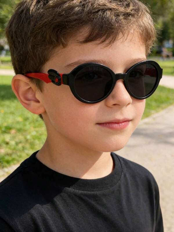 1 PC Boys Girls 6-9Y Casual Simple Round Fashion Glasses Lightweight PC Frame With Wing Decor Gray Lens Suitable For Outdoor Play With Glasses Box