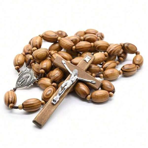 Oversized 55" Natural Wood Prayer Beads Cross Pendant, Jumbo Large Rosary Wall Art, Minimalist Catholic Crucifix Hanging Decor For Men, Women, And Chapel Spaces