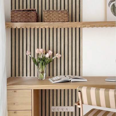 Multi-Color Natural Wood Vertical Slat Texture Self-Adhesive PVC Wallpaper, Minimalist Low-Saturation Premium Decorative Film For Rental Home Living Area, Cafe, Exhibition Hall, Water Bar, Washbasin And Storage Cabinet