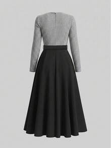 Women's Mid-Length Plaid Dress With Collar, Elegant Vintage Contrast Color Commuter Long Sleeve A-Line Dress With Belt, Autumn - Black - View 7