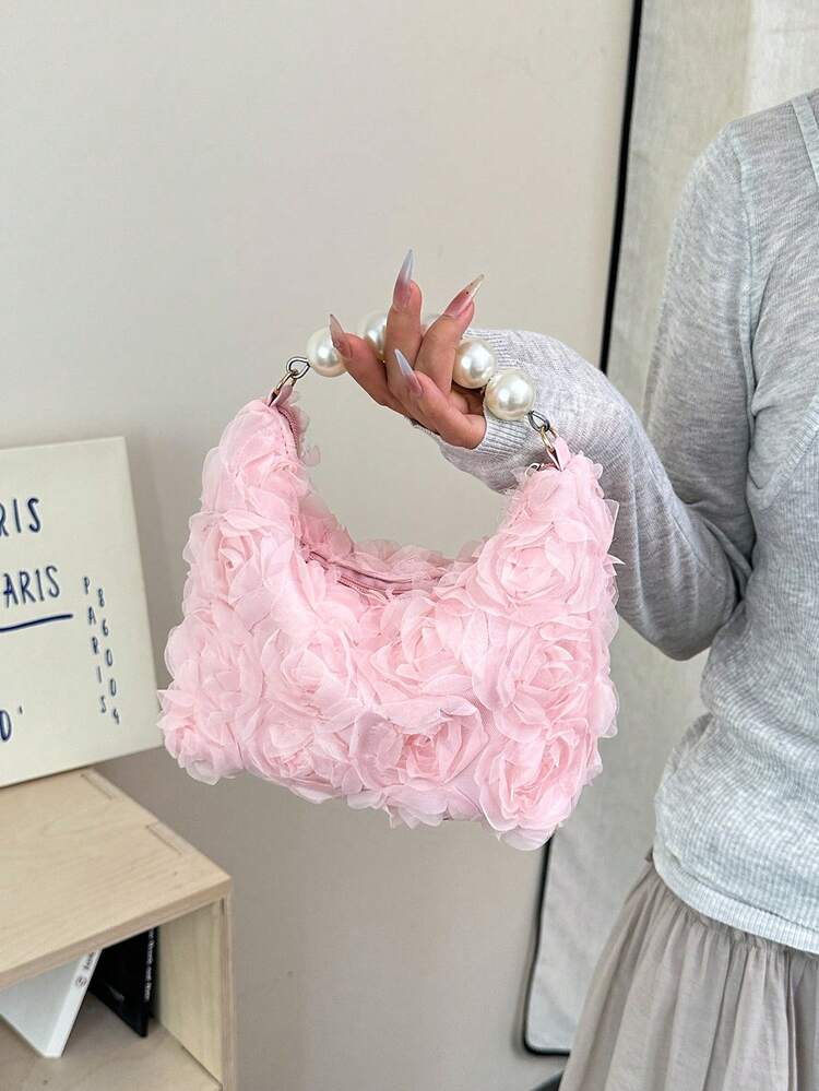 Women 3D Rose Wrist Clutch Bag,Large Round Pearl Bead Top Handle, Sweet Fairy Handbag For Spring Wedding Bridal Shower Valentine Party(Pattern Random) - Pink - View 2