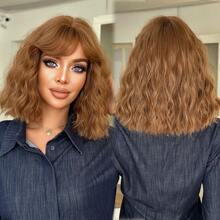 Short Wavy Warm Brown Bob Wig With Side Bangs Natural-Looking Synthetic Heat-Resistant Fiber Curly Hair Wig For Women Everyday Hairstyle Wear, Party Cosplay Use 12 Inch - Brown - View 12