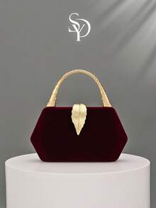 1pc Burgundy Velvet Metal Leaf Evening Clutch, Luxury Bamboo Joint Rhinestone Handle Handbag, Wedding Bride Toasting Bag, Banquet Dress Cheongsam High-End Crossbody Chain Small Bag - Burgundy - View 1