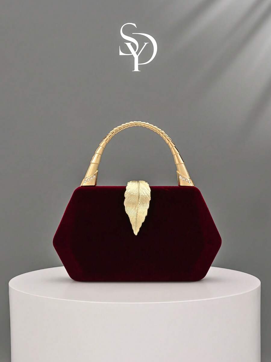 1pc Burgundy Velvet Metal Leaf Evening Clutch, Luxury Bamboo Joint Rhinestone Handle Handbag, Wedding Bride Toasting Bag, Banquet Dress Cheongsam High-End Crossbody Chain Small Bag - Burgundy - View 1