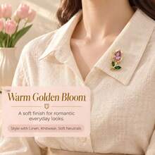 1PC/2PCS Zinc Alloy Two Tone Tulip Lapel Pin, Pink Rhinestone Green Enamel Floral Brooch, Women Clothes Collar Decor Jewelry Gift, Elegant Flower Pin - Multicolor - View 5