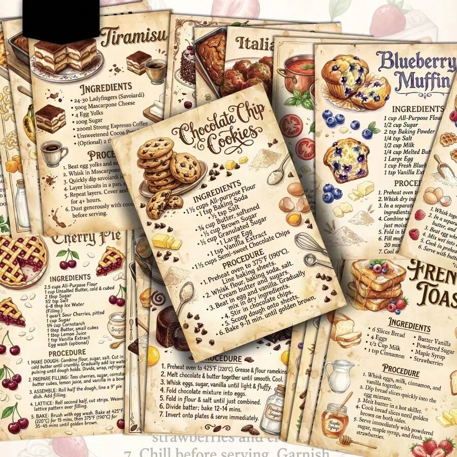 20pcs Vintage Printed Recipe Cards, 3.9*5.7 Inch Dessert Baking Illustrations & Steps, Single-Sided Vintage Cooking Reference Card Set, Suitable For Home Kitchen, Recipe Collection & Baking Gifts - Multicolor - View 1