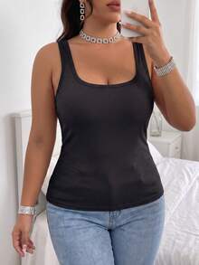 1pc Women's Plus Size Round Neck Wide Strap Tank Top, Soft Skin-Friendly Fabric, Built-In Padded Cups, Suitable For Casual Daily Wear - Black - View 5
