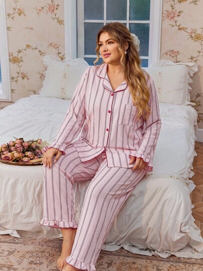 Slouchy Plus Size Bubble Fleece Long Pajama Set, Pink Striped Ruffle Trim Lapel Cardigan For Women