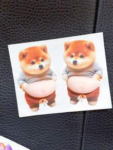 3D柴犬狗狗肚皮貼紙,可愛小狗穿著橘色服裝,柔粉色背景,卡哇伊貓咪肚皮貼紙 - 彩色 - 查看 3
