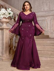 Plus Size V-Neck Floral Lace Sequin Patchwork Contrast Mesh Long Sleeve Mermaid Hem Evening Party Dress, Wedding Guest Dress, Prom Dress, Birthday Suitable - Maroon - View 4