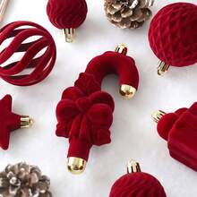 28Pcs Wine Christmas Ornaments Set Flocked Xmas Tree Decorations Assorted Shapes Shatterproof Hanging Ball Plush Star Candy Cane Gift Box Baubles Holiday Party Decor - Burgundy - View 4