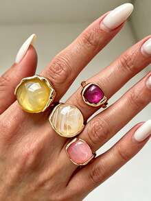 4pcs Resin Translucent Candy Color Round Open Rings, Casual Versatile Ins Rhinestone Studded Rings - Multicolor - View 1