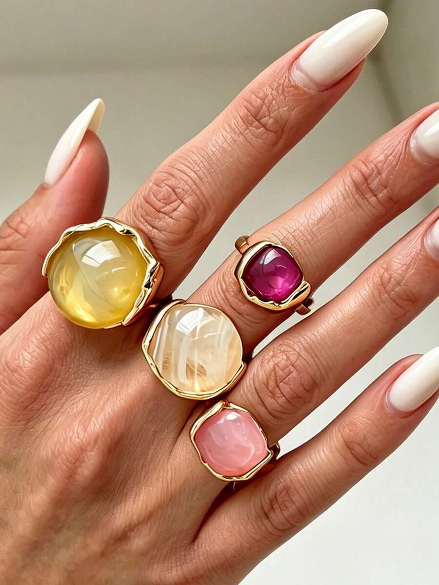 4pcs Resin Translucent Candy Color Round Open Rings, Casual Versatile Ins Rhinestone Studded Rings - Multicolor - View 1
