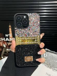 1 buah Casing Ponsel Anti Jatuh Berwarna Hitam Berkilau dengan Hiasan Berlian Imitasi, Kompatibel dengan 18promax/17pro - Hitam - View 6