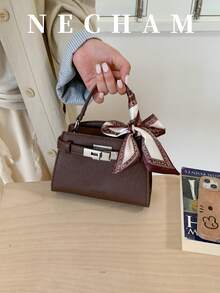 1pc Lychee Textured Asymmetrical Shoulder Bag Small Crossbody Bag Vintage Minimalist Handheld Kelly Square Bag For Women Suitable For Shopping Work Dating With Scarf Included - Coffee Brown - View 3