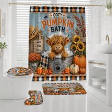 1pc/4pcs Bubble Bath Highland Cow Funny Sunflower Pumpkin Plaid Autumn Decor Multi-Functional Bathroom Decor Shower Curtain Set, Free 12 Hooks, Premium Holiday Atmosphere, Bathroom Mat, U-Shaped Rug And Round Toilet Lid Cover, Suitable For Autumn Harvest All Occasions - Highland Cow Bubble Bath - View 4