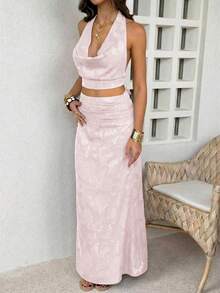 Elegant Women's Light Pink Two Pieces Outfit, Halter Neck Cowl Top With Matching Maxi Skirt Set, Perfect For Summer Casual Or Formal Events - Pink - View 5