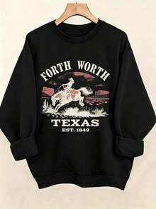 Women's Western Style Fort WorthTexasEST1849CowboyPatternHoodieSoftCrewNeckPulloverWith Cactus And Longhorn DesignComfortableCasualLongSleeve Sweater - 黑色 - 查看 1